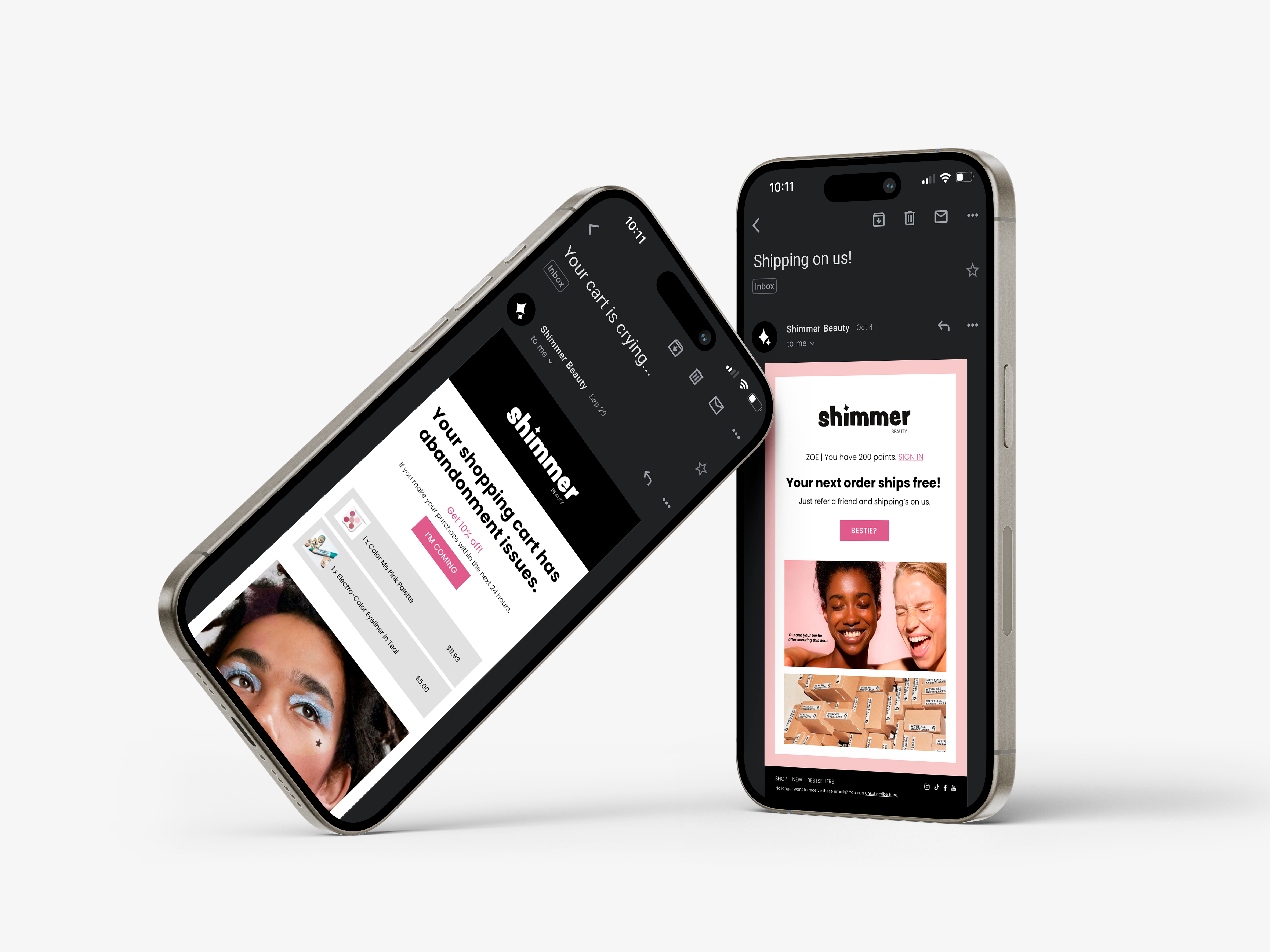 email mockups for shimmer beauty with two phones
